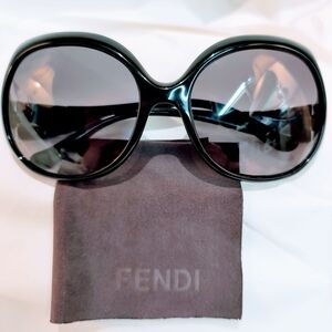 FENDI Black Oversized Sunglasses with Gunmetal Silver Fendi Logo Accents & Case